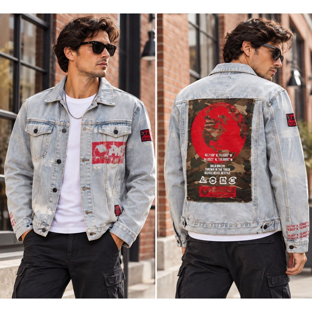 Brooklyn Cloth Blue Denim Red Patch Jacket Men's Large Streetwear